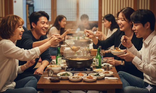 Korean food culture of sharing stew at the table
