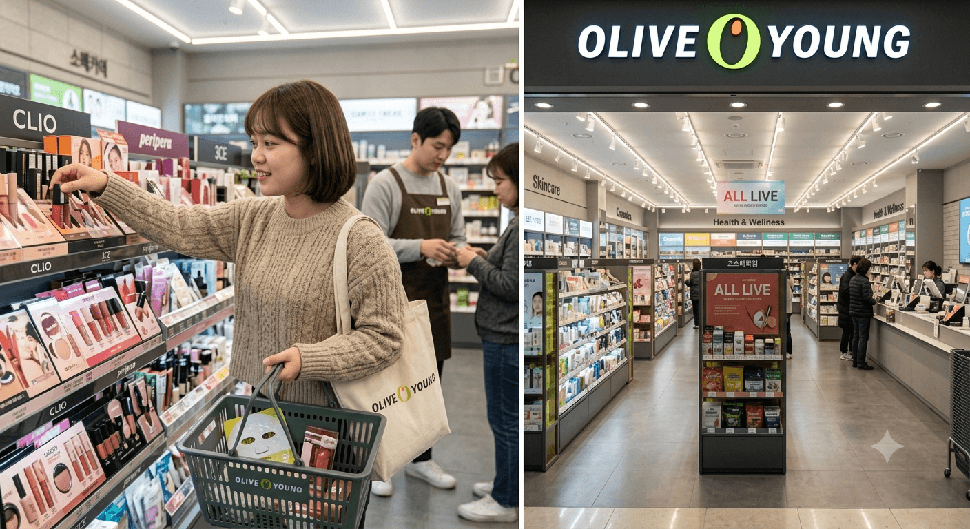 Tourists shopping for Korean cosmetics at Olive Young